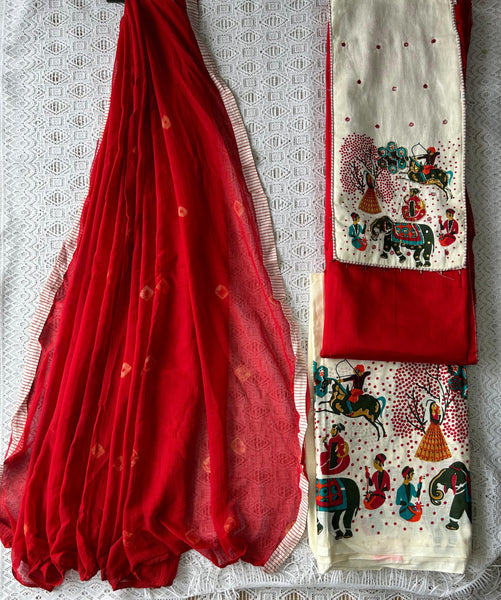 Hand Painted with Zardozi work Dress Material (Red)