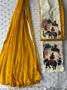 Hand Painted with Zardozi work Dress Material (Yellow)