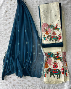 Hand Painted with Zardozi work Dress Material (Blue)